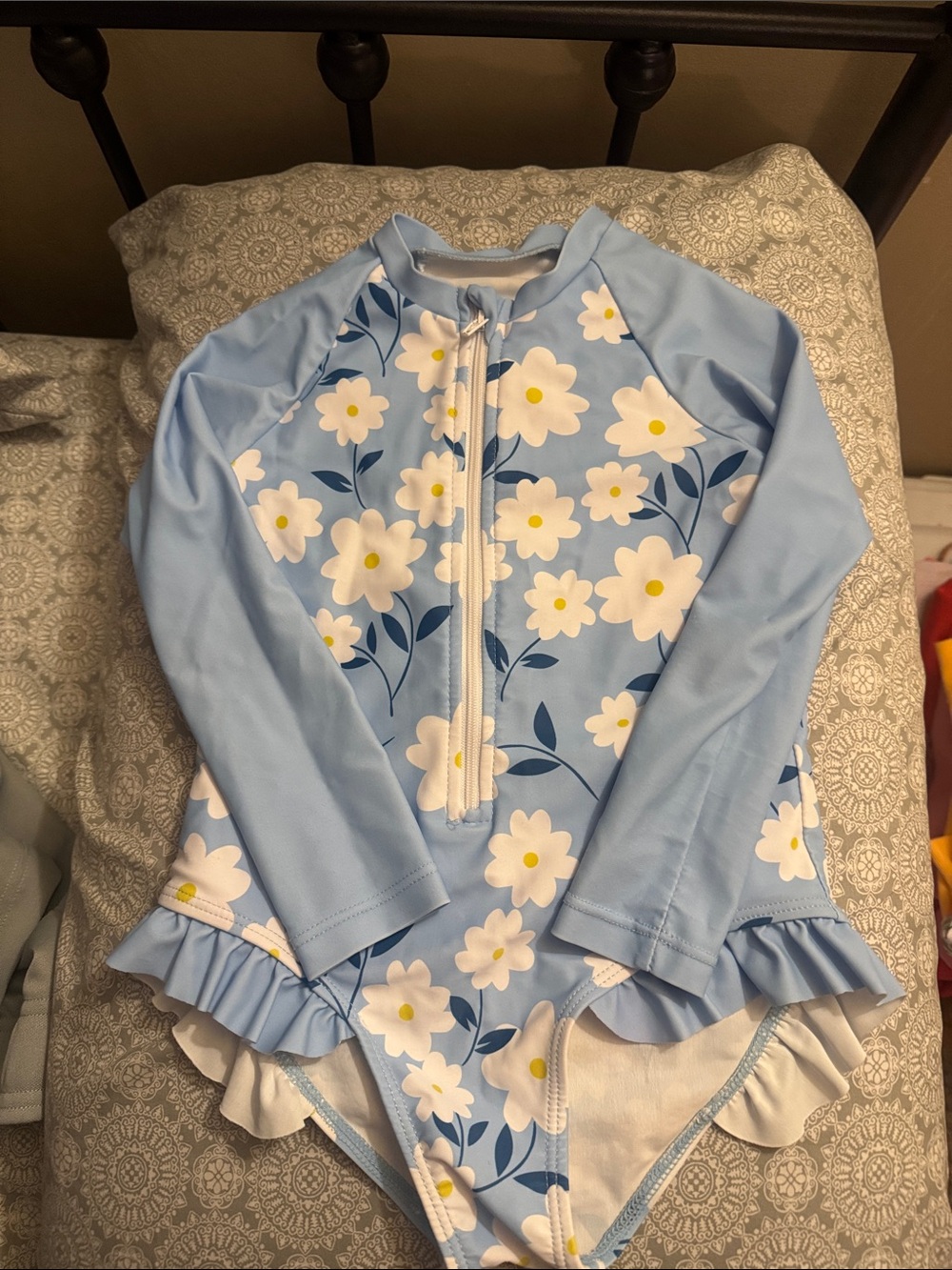 Girls' Light Blue Floral Long-Sleeve Rash Guard Swimsuit